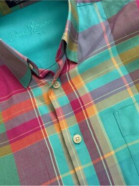 Johnnie Walker Men's Silk Tencel Shirt Large L Colorful Madras Plaid Embroidered